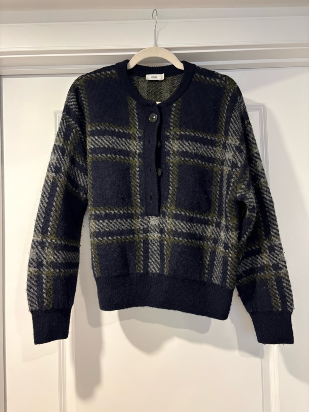 Closed Navy and Olive Plaid Crewneck Sweater with Buttons